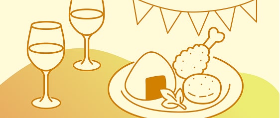 イラスト:ワイングラスに入ったドリンクとお皿に乗った食べ物